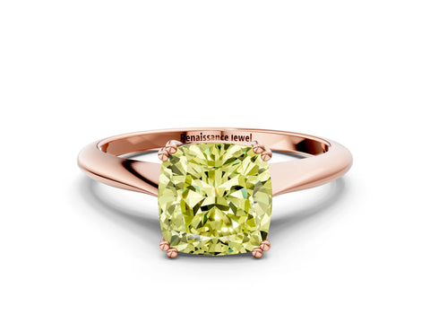 Rose gold Fancy Yellow Cushion Cut Solitaire Diamond Ring with Six-Prong Setting and Classic Band
