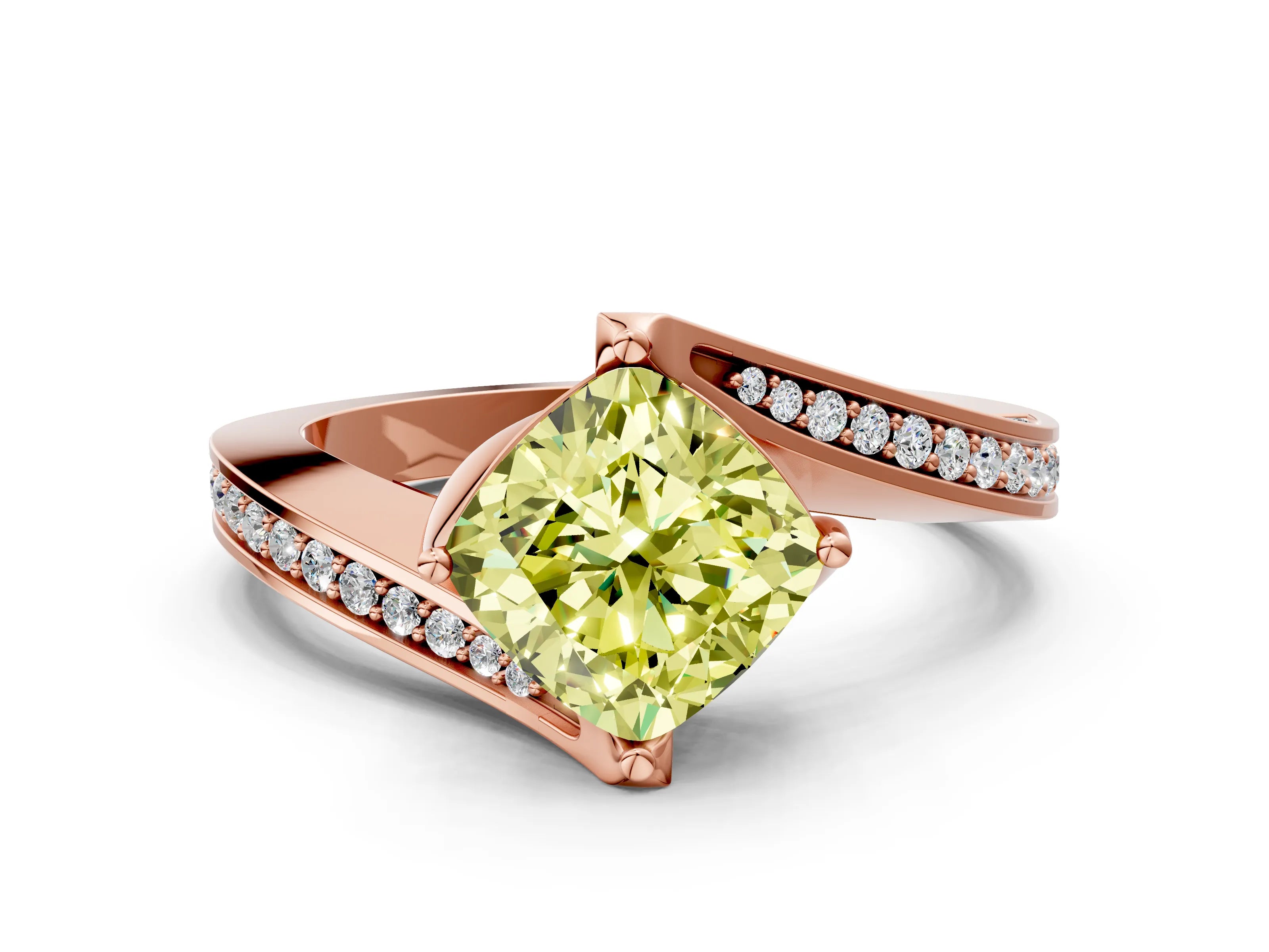 Rose gold Fancy Yellow Cushion Cut Solitaire Diamond Twist Band with Pavé Setting and Four-Prong Setting