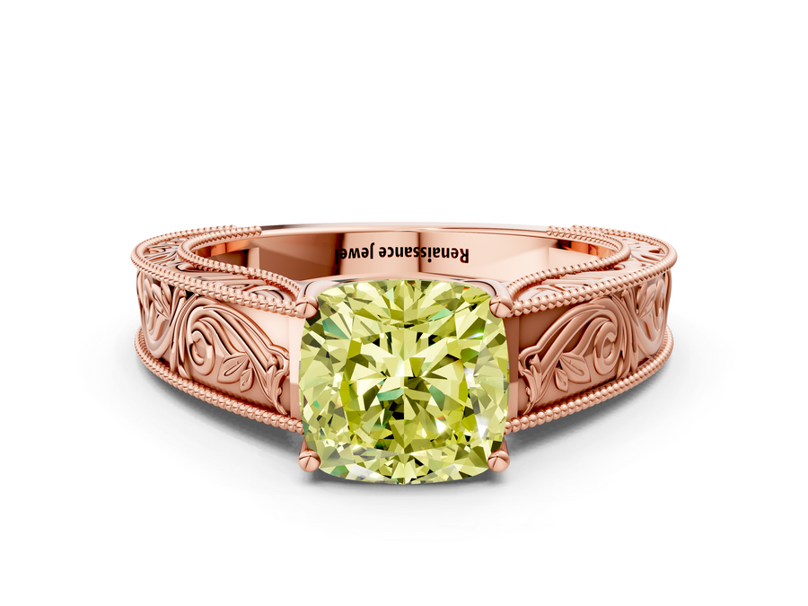 Rose gold Fancy Yellow Cushion Cut Diamond Solitaire Ring with Engraved Band and Four-Prong Setting