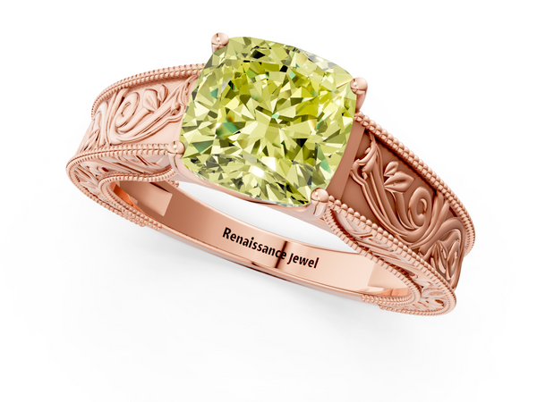 Rose gold Fancy Yellow Cushion Cut Diamond Solitaire Ring with Engraved Band and Four-Prong Setting