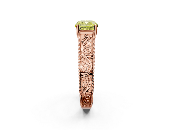 Rose gold Fancy Yellow Cushion Cut Diamond Solitaire Ring with Engraved Band and Four-Prong Setting