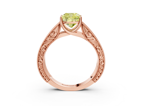 Rose gold Fancy Yellow Cushion Cut Diamond Solitaire Ring with Engraved Band and Four-Prong Setting