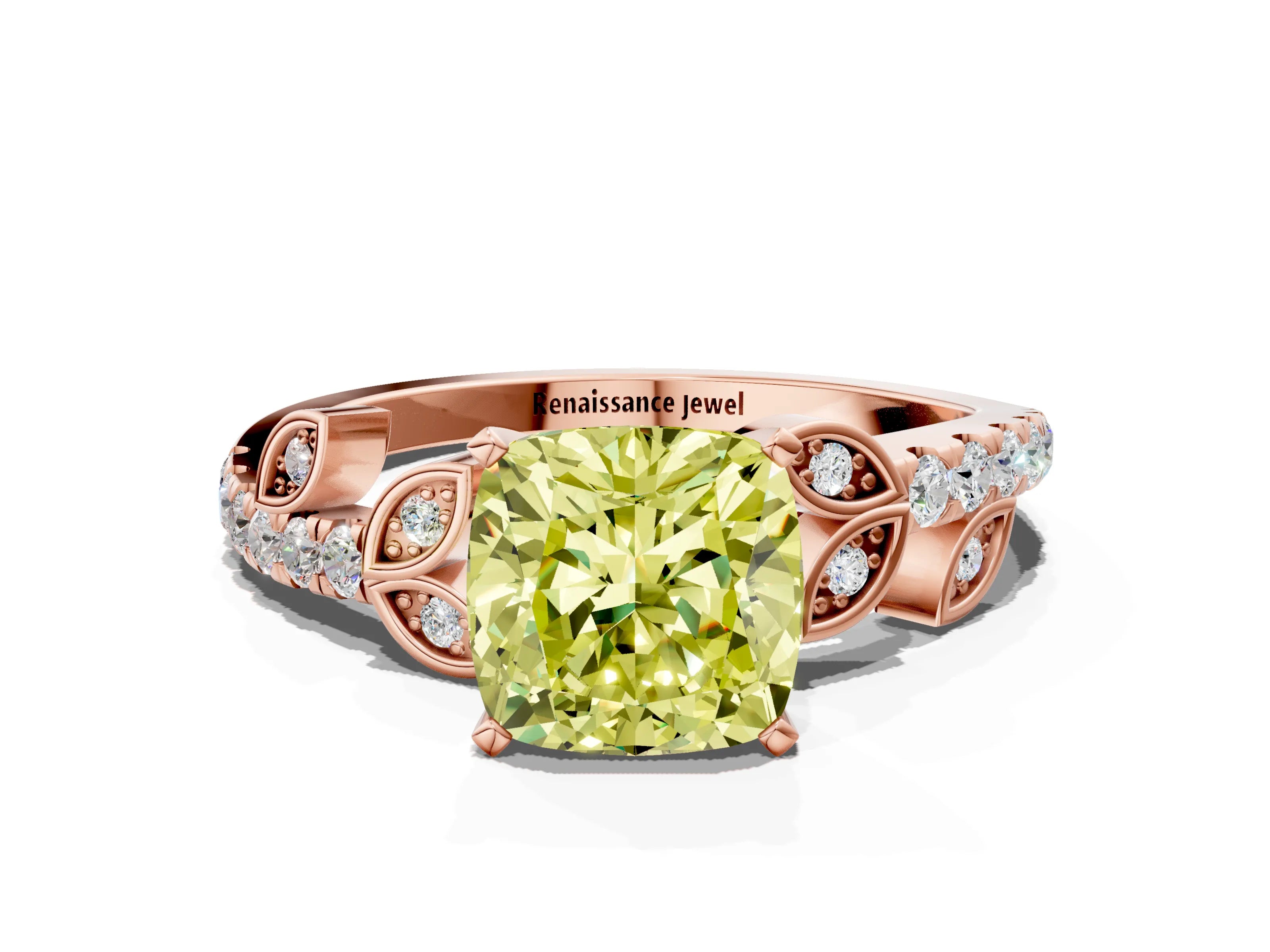 Rose gold Fancy Yellow Cushion Cut Solitaire Leaf-Inspired Diamond Ring with Pavé Band and Four-Prong Setting