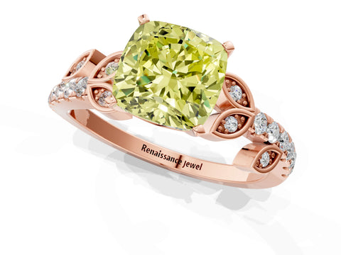 Rose gold Fancy Yellow Cushion Cut Solitaire Leaf-Inspired Diamond Ring with Pavé Band and Four-Prong Setting_1