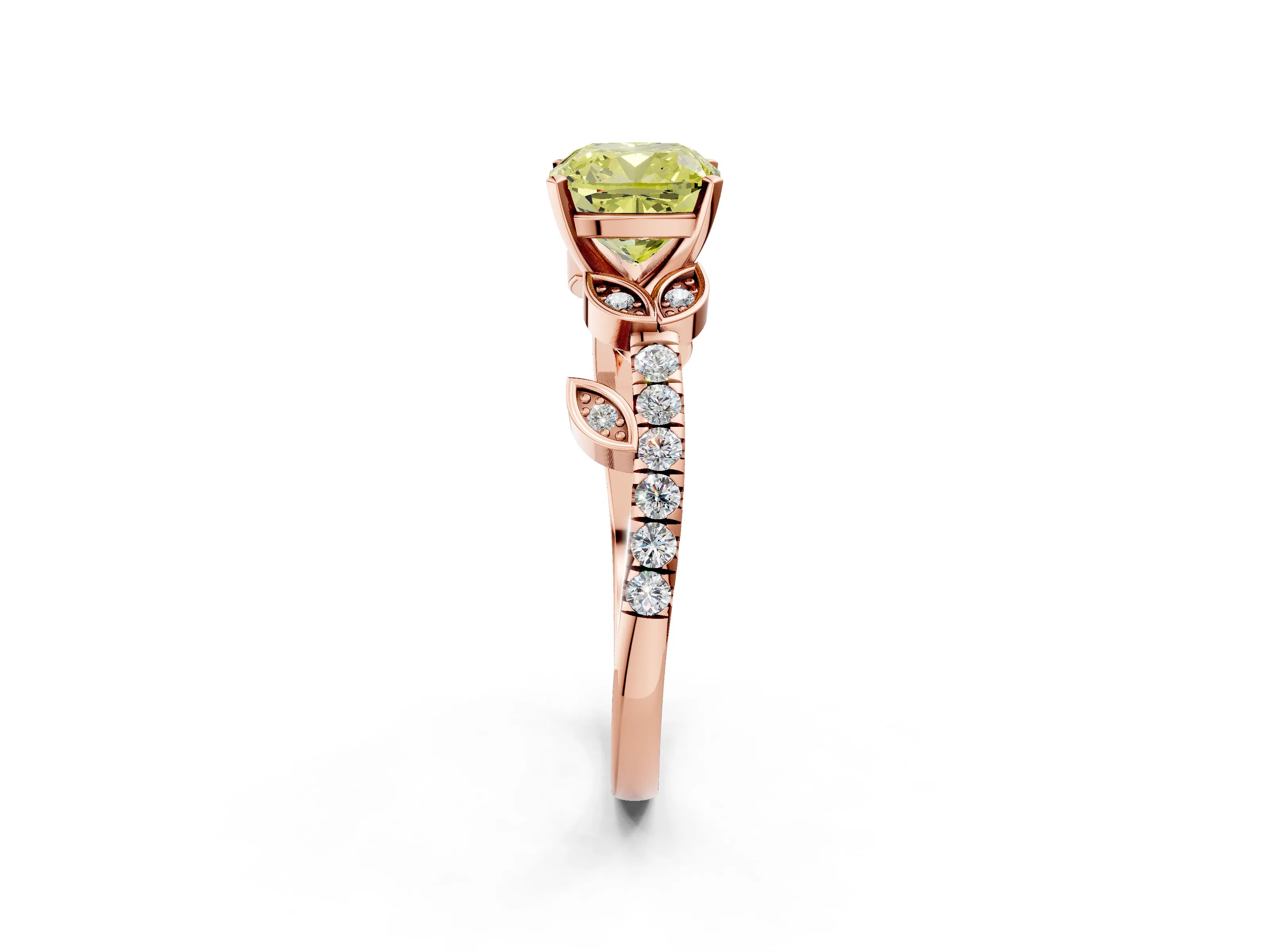 Rose gold Fancy Yellow Cushion Cut Solitaire Leaf-Inspired Diamond Ring with Pavé Band and Four-Prong Setting_2
