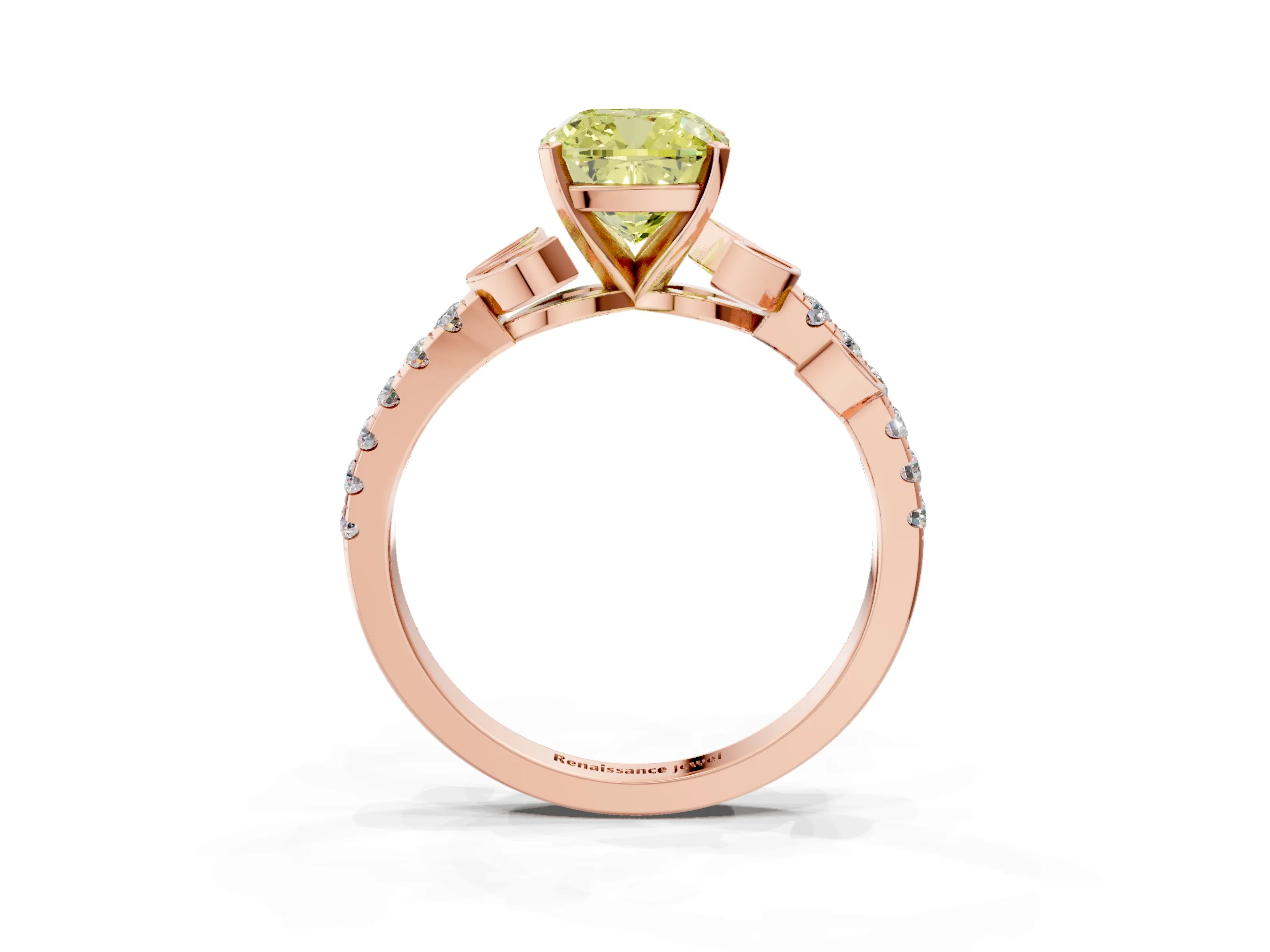 Rose gold Fancy Yellow Cushion Cut Solitaire Leaf-Inspired Diamond Ring with Pavé Band and Four-Prong Setting_3