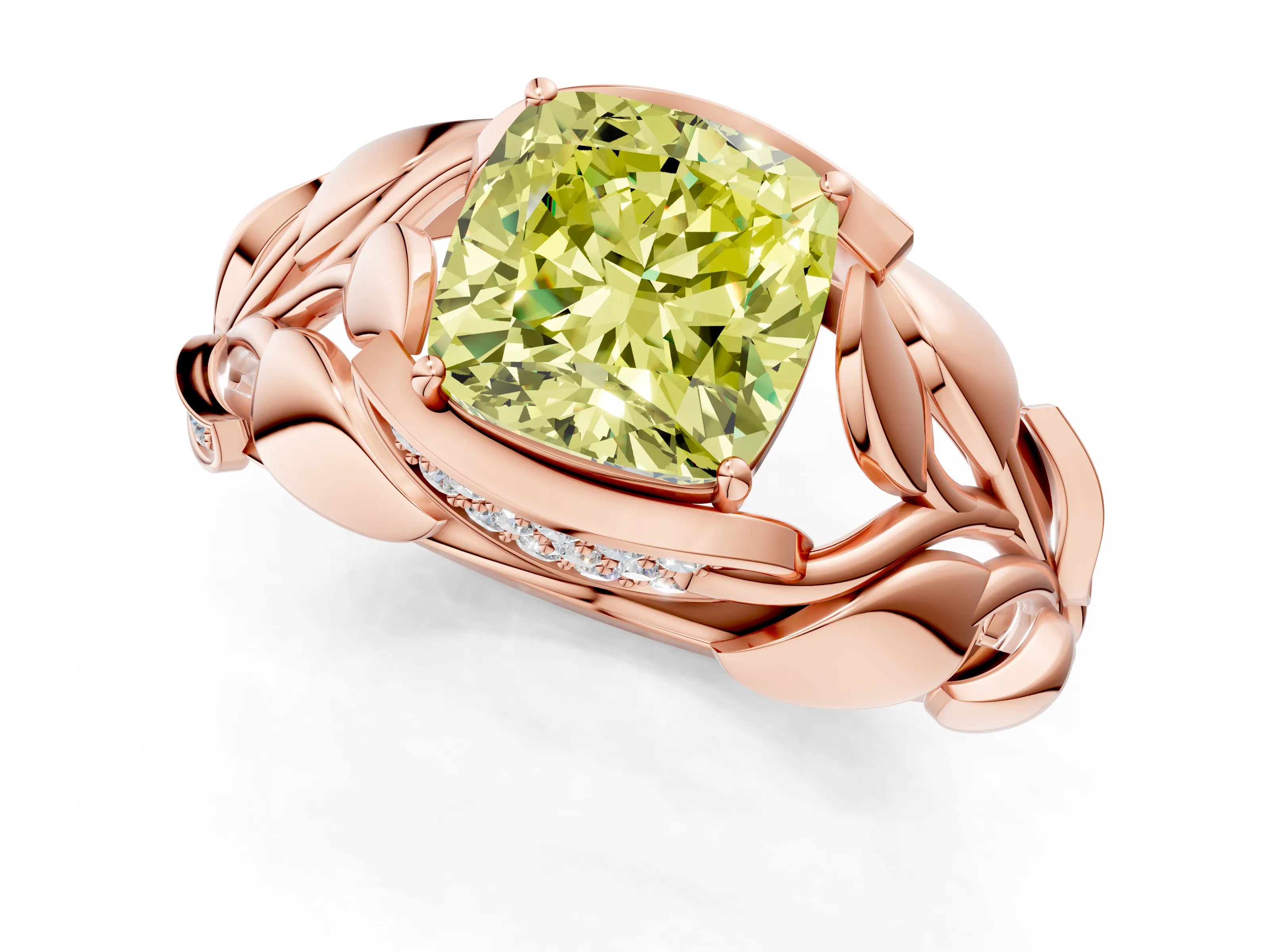 Rose gold Fancy Yellow Cushion Cut Solitaire Leaf-Inspired Engagement Ring with Prong Setting_1