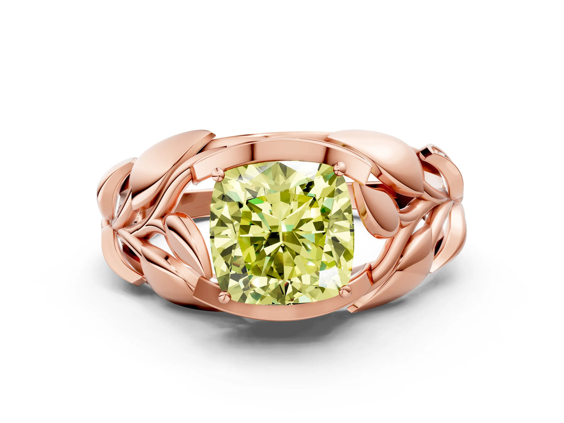 Rose gold Fancy Yellow Cushion Cut Solitaire Leaf-Inspired Engagement Ring with Prong Setting_12