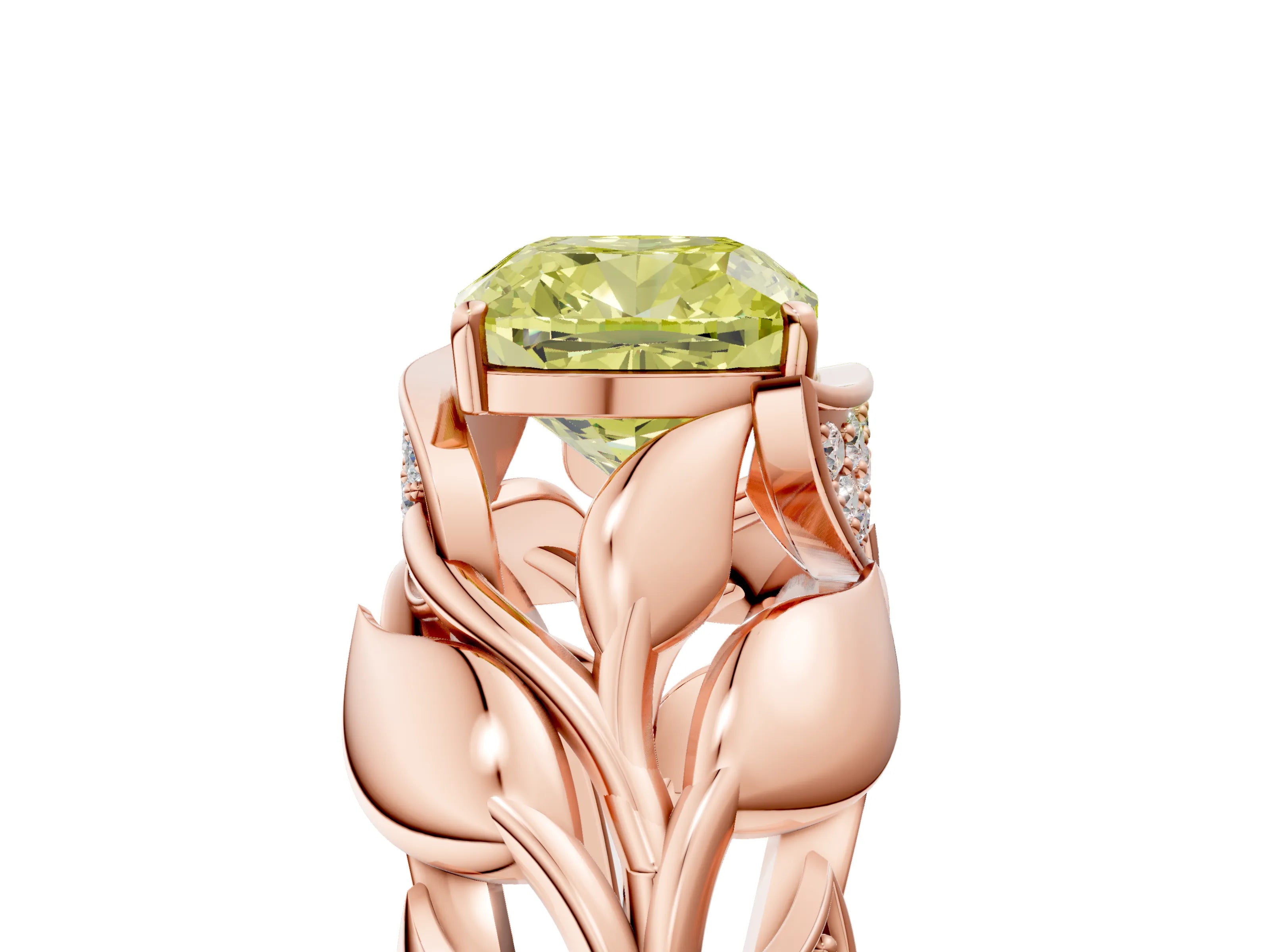 Rose gold Fancy Yellow Cushion Cut Solitaire Leaf-Inspired Engagement Ring with Prong Setting_5