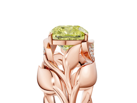 Rose gold Fancy Yellow Cushion Cut Solitaire Leaf-Inspired Engagement Ring with Prong Setting_5