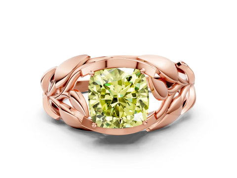 Rose gold Fancy Yellow Cushion Cut Solitaire Leaf-Inspired Engagement Ring with Prong Setting