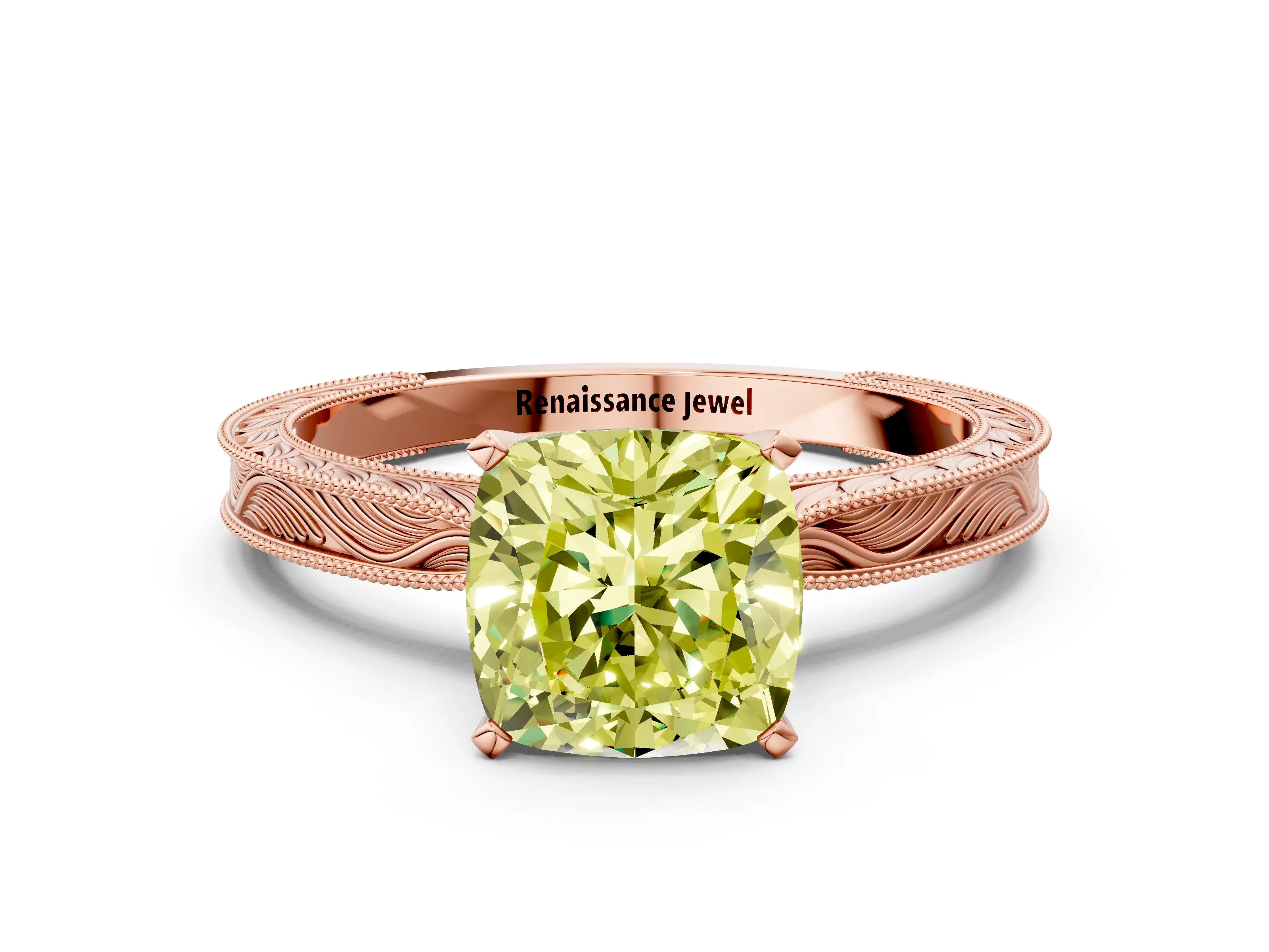 Rose gold Fancy Yellow Cushion Cut Solitaire Milgrain Engraved Band with Four-Prong Setting
