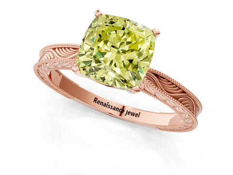 Rose gold Fancy Yellow Cushion Cut Solitaire Milgrain Engraved Band with Four-Prong Setting_1