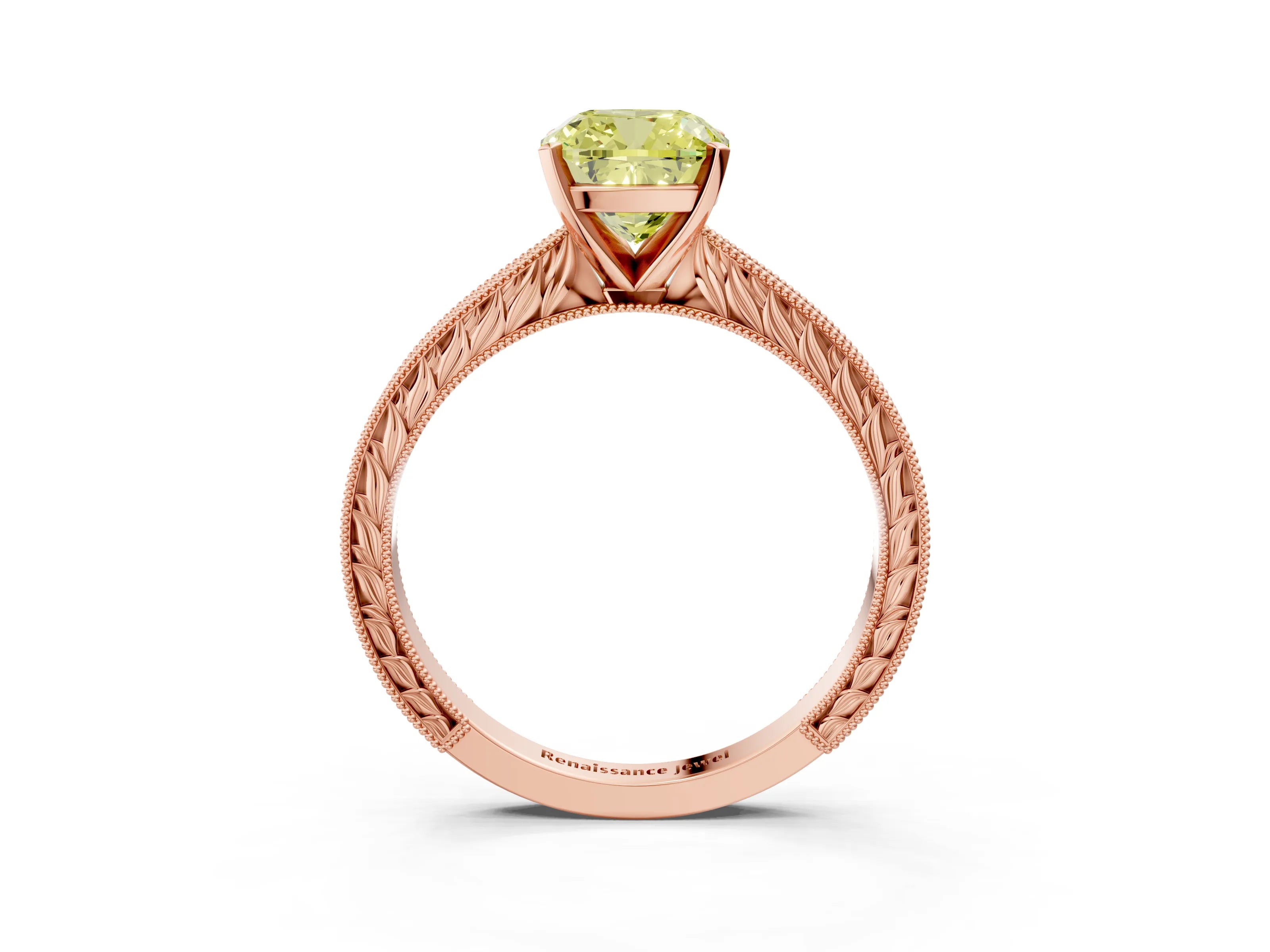 Rose gold Fancy Yellow Cushion Cut Solitaire Milgrain Engraved Band with Four-Prong Setting_3