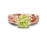 Rose gold Fancy Yellow Cushion Cut Solitaire Milgrain Leaf Band with Prong Setting