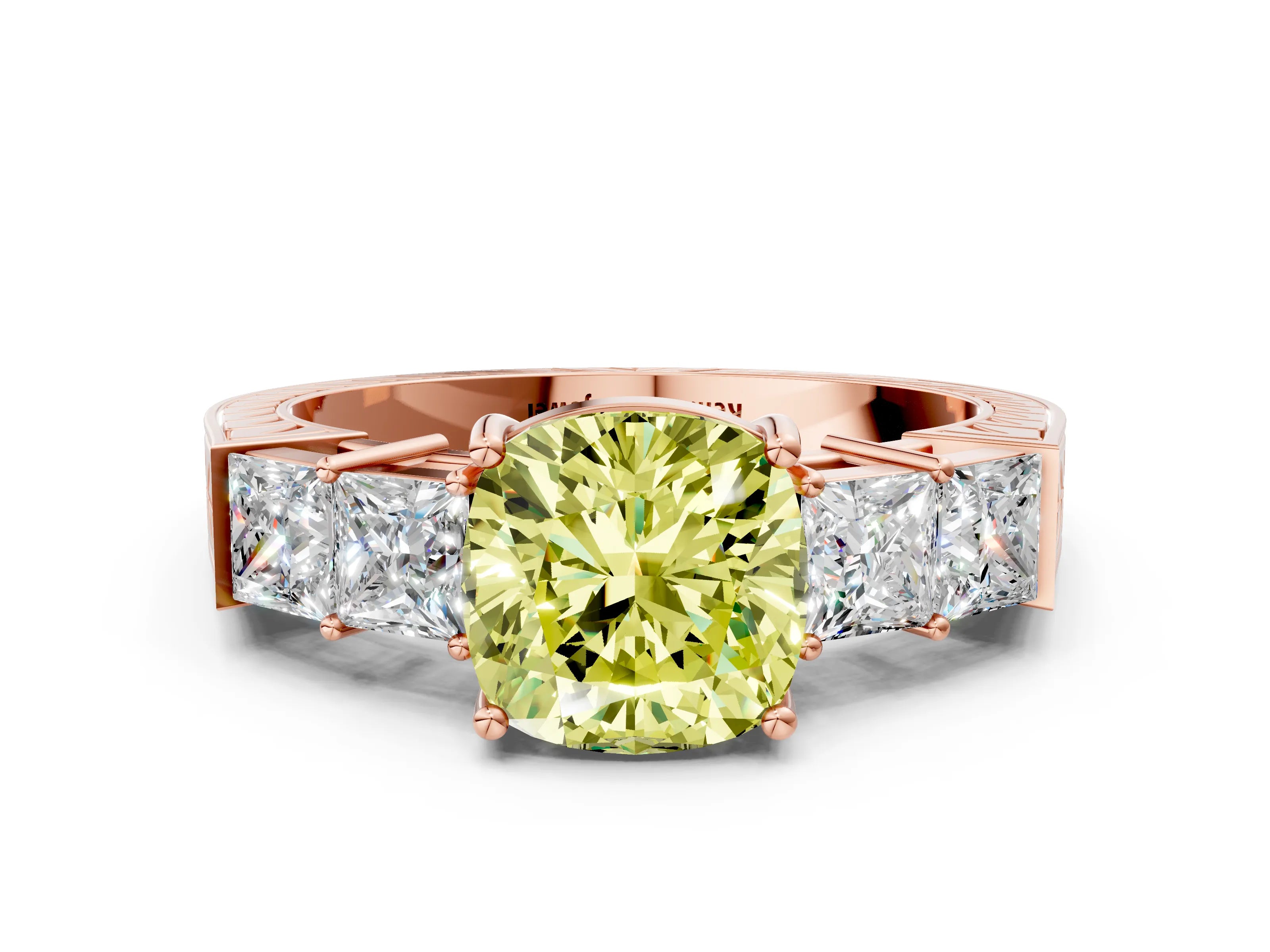 Rose gold Fancy Yellow Cushion Cut Solitaire Princess Side Stone Engraved Band Prong Setting Ring