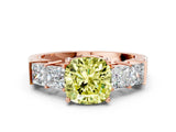 Rose gold Fancy Yellow Cushion Cut Solitaire Princess Side Stone Engraved Band Prong Setting Ring