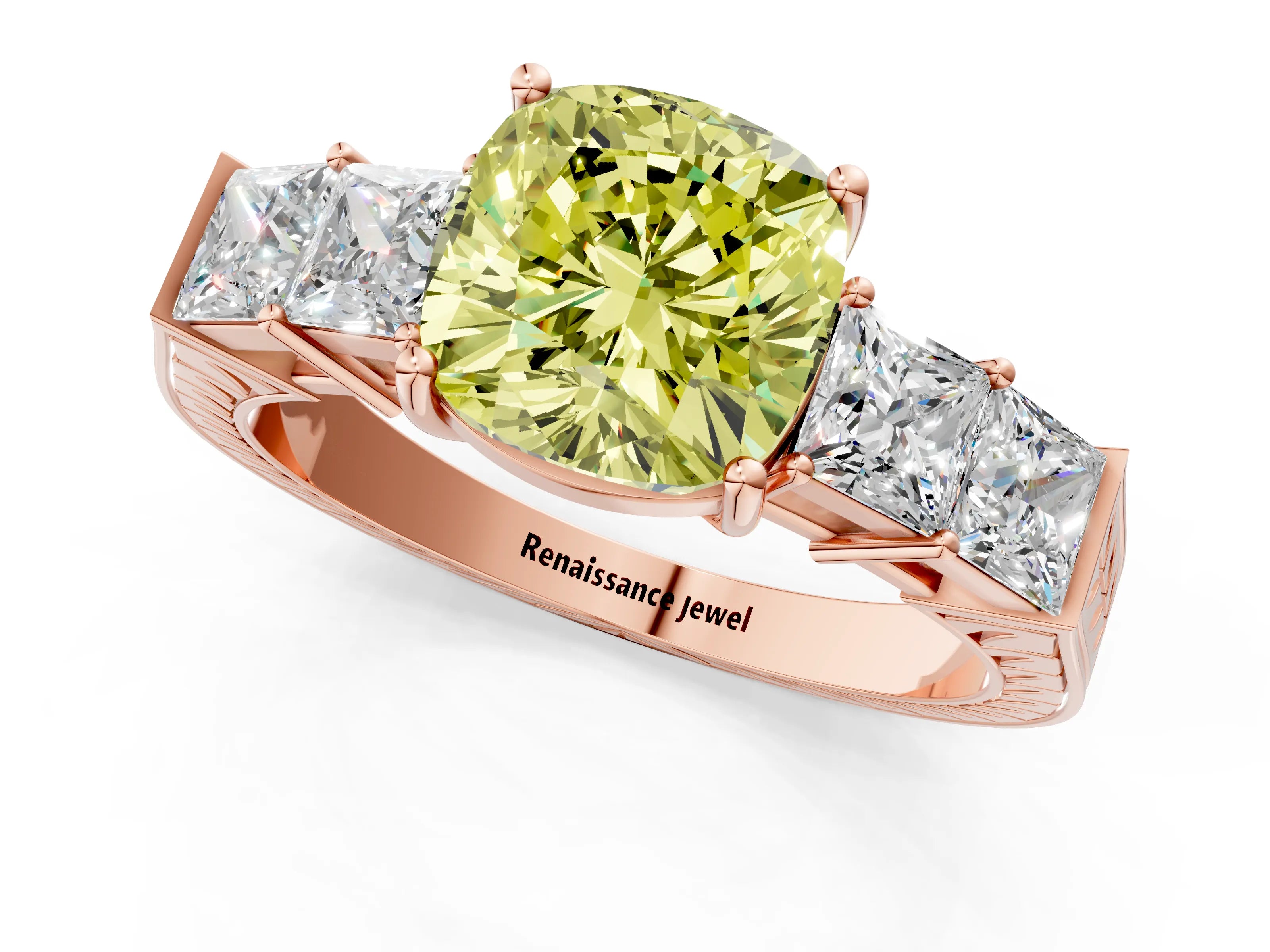 Rose gold Fancy Yellow Cushion Cut Solitaire Princess Side Stone Engraved Band Prong Setting Ring_1
