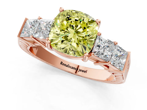 Rose gold Fancy Yellow Cushion Cut Solitaire Princess Side Stone Engraved Band Prong Setting Ring_1