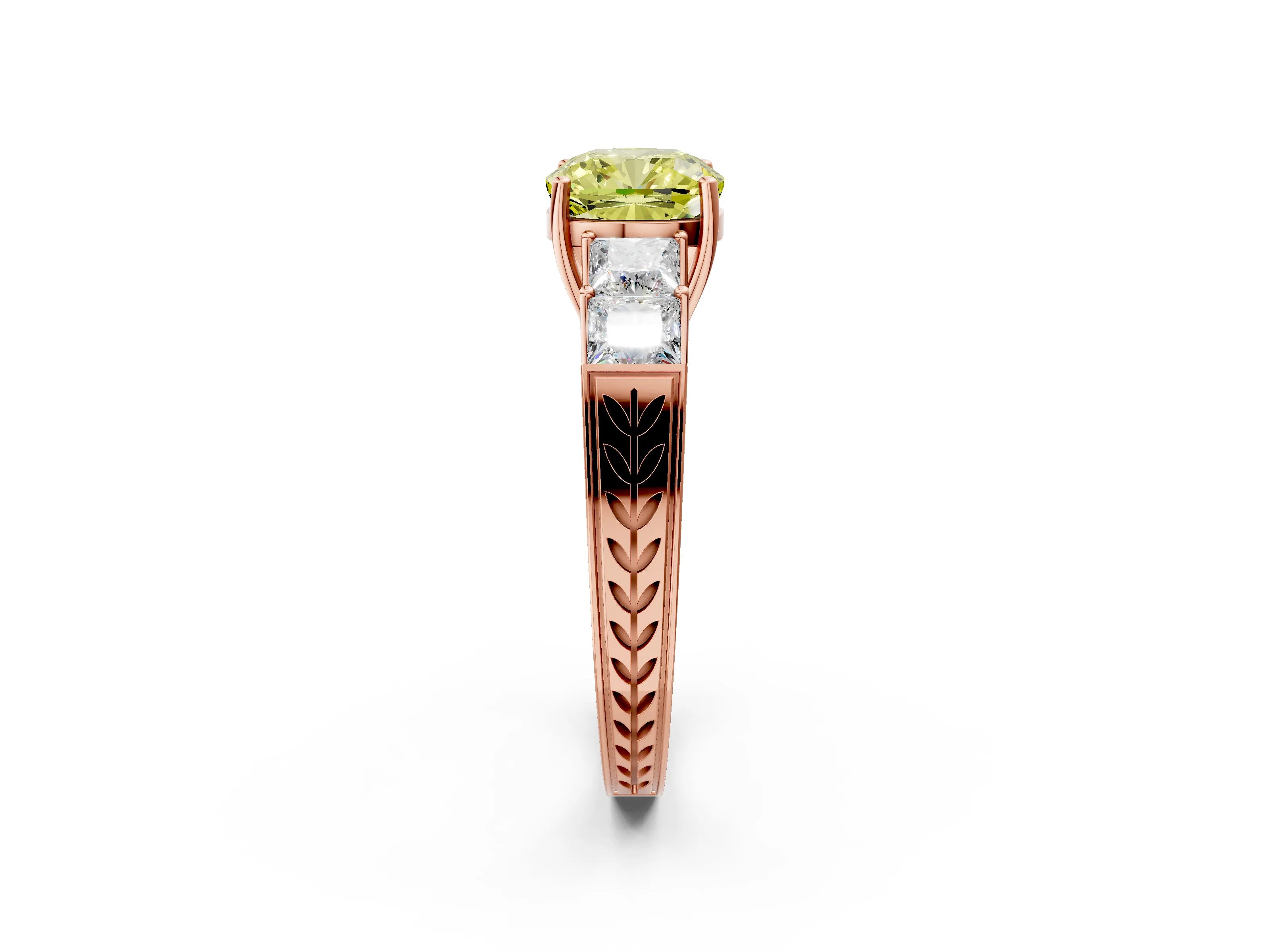 Rose gold Fancy Yellow Cushion Cut Solitaire Princess Side Stone Engraved Band Prong Setting Ring_2