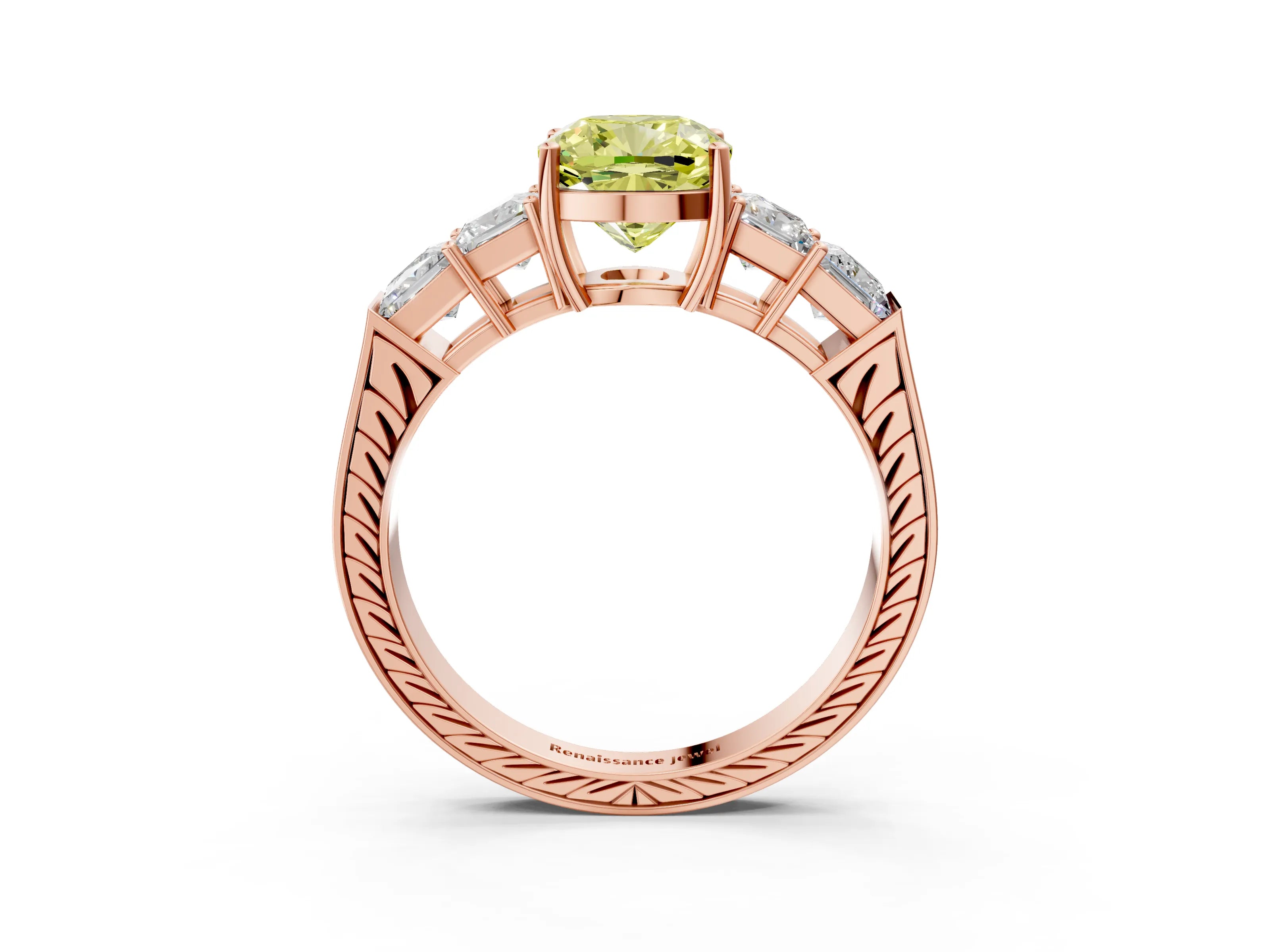 Rose gold Fancy Yellow Cushion Cut Solitaire Princess Side Stone Engraved Band Prong Setting Ring_3