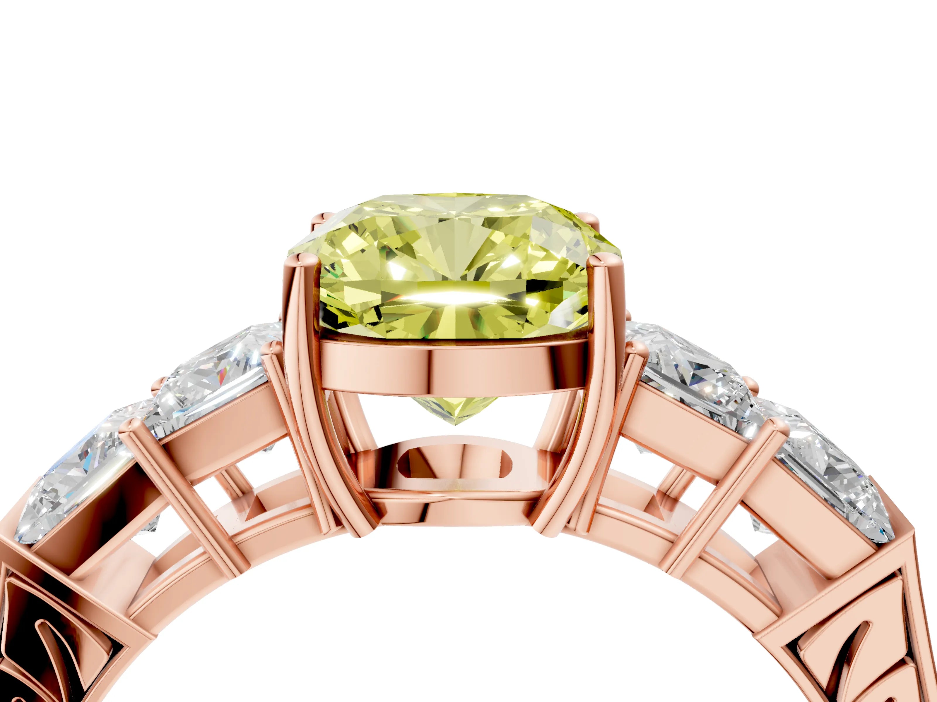 Rose gold Fancy Yellow Cushion Cut Solitaire Princess Side Stone Engraved Band Prong Setting Ring_4