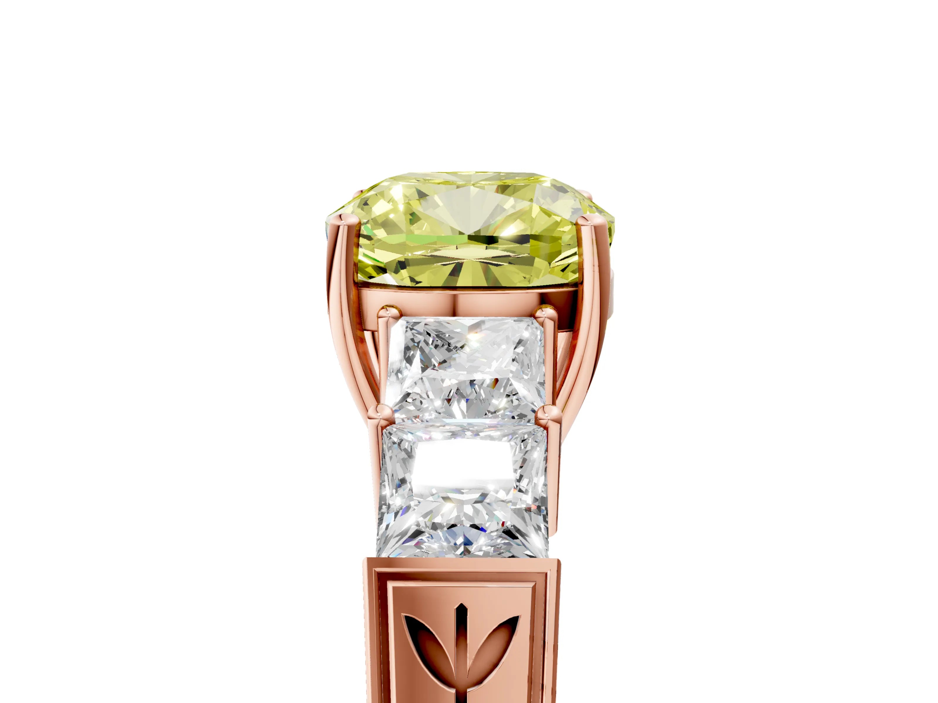 Rose gold Fancy Yellow Cushion Cut Solitaire Princess Side Stone Engraved Band Prong Setting Ring_5