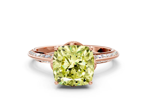 Rose Gold Cushion Cut Graduated Pave Engagement Ring Setting for Fancy Yellow Center