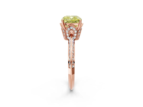 Rose Gold Cushion Cut Graduated Pave Engagement Ring Setting for Fancy Yellow Center