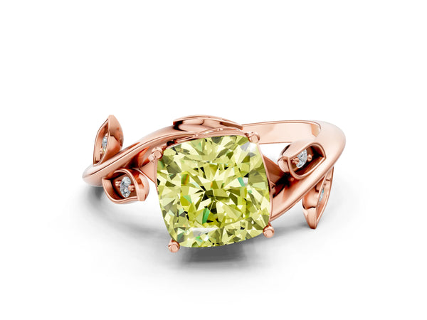Rose gold Fancy Yellow Cushion Cut Solitaire Twist Engagement Ring with Leaf Accents and Prong Setting