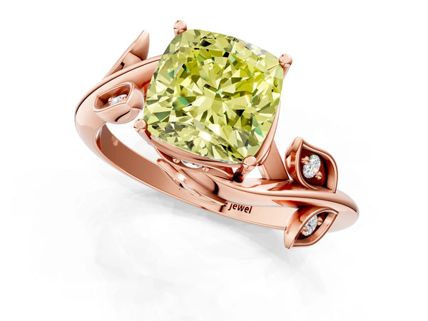 Rose gold Fancy Yellow Cushion Cut Solitaire Twist Engagement Ring with Leaf Accents and Prong Setting