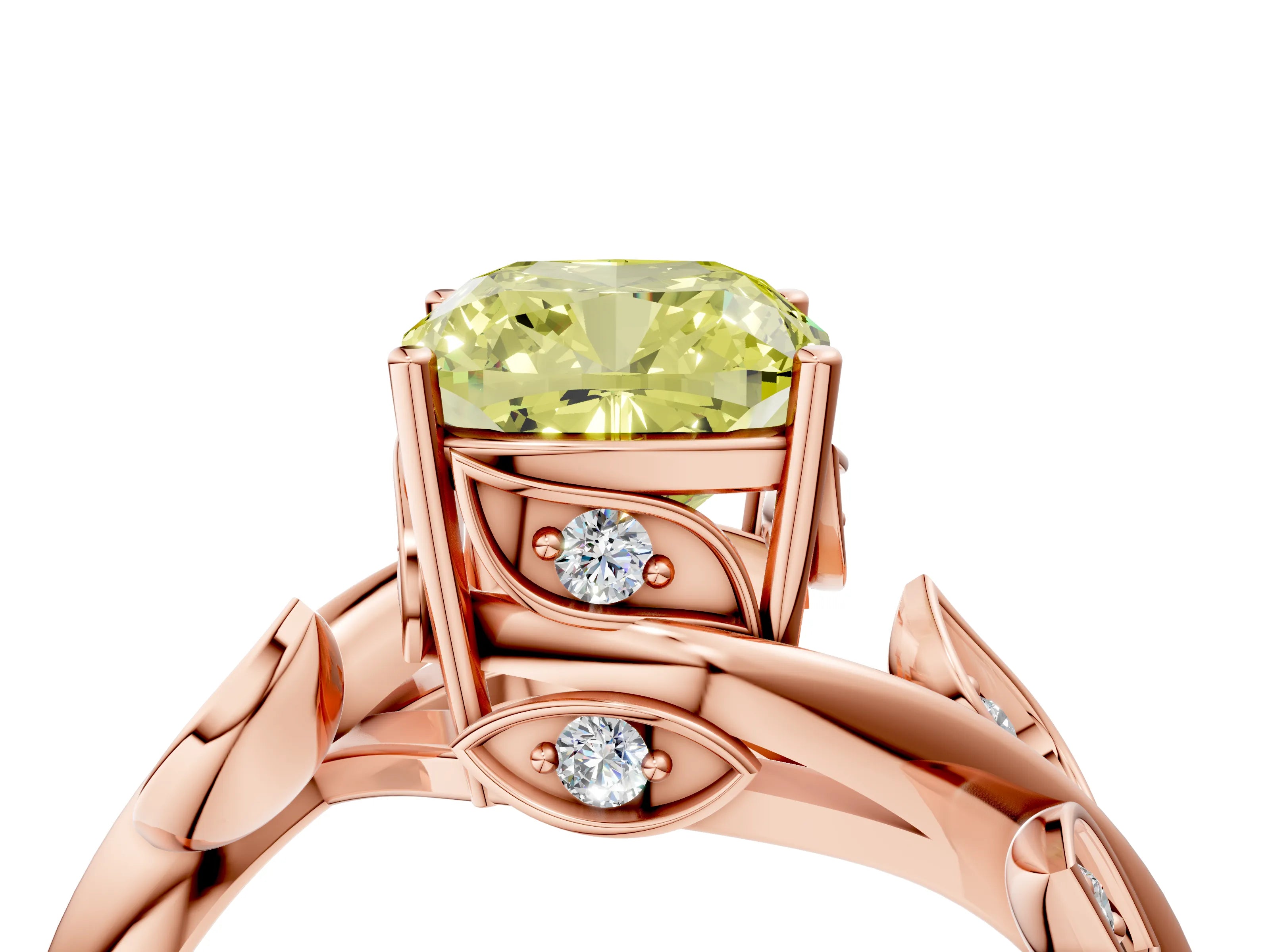 Rose gold Fancy Yellow Cushion Cut Solitaire Twist Engagement Ring with Leaf Accents and Prong Setting_16