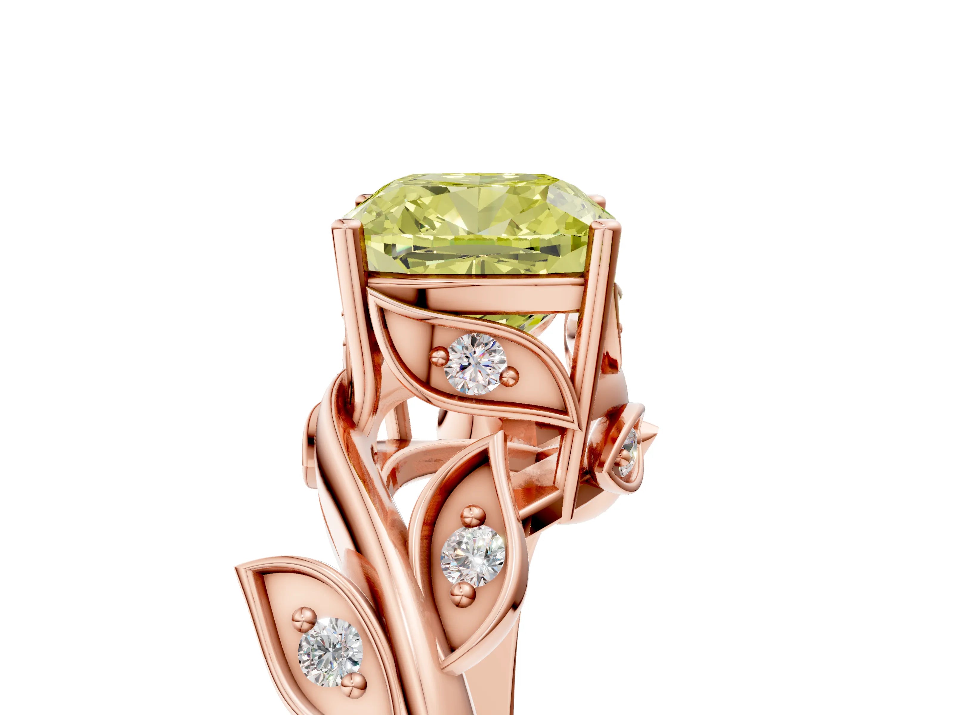 Rose gold Fancy Yellow Cushion Cut Solitaire Twist Engagement Ring with Leaf Accents and Prong Setting_17
