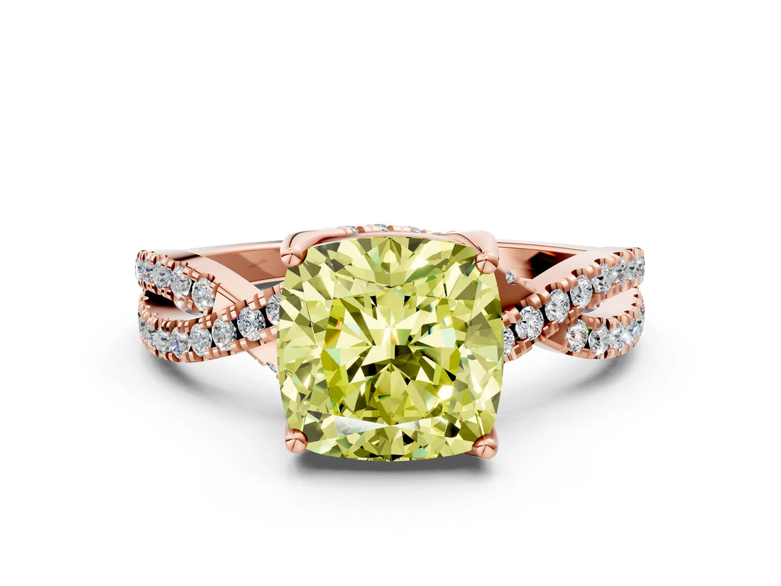 Rose gold Fancy Yellow Cushion Cut Solitaire Twist Pave Diamond Engagement Ring with Prong Setting