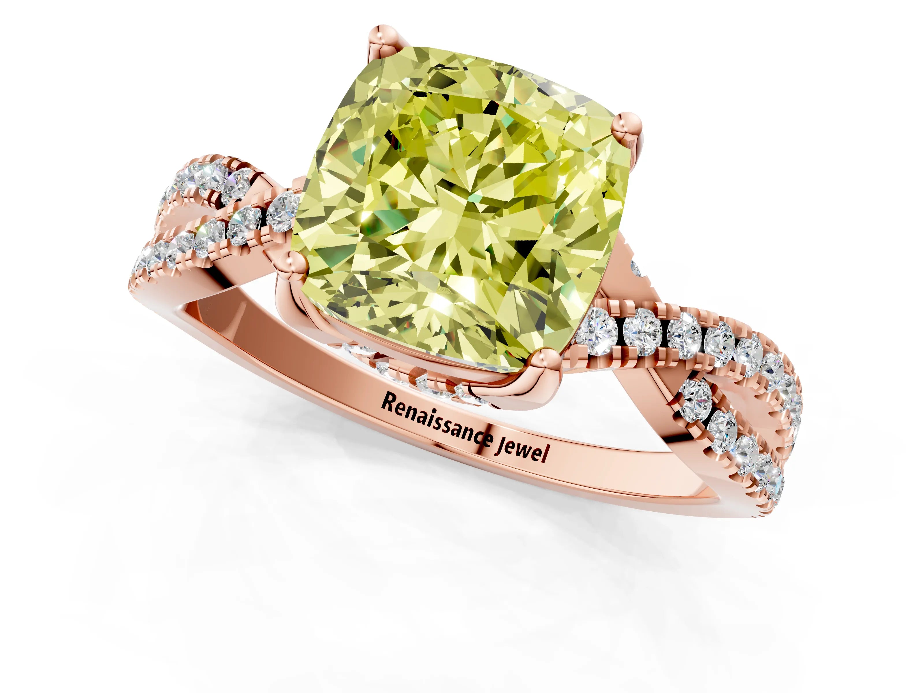 Rose gold Fancy Yellow Cushion Cut Solitaire Twist Pave Diamond Engagement Ring with Prong Setting_1