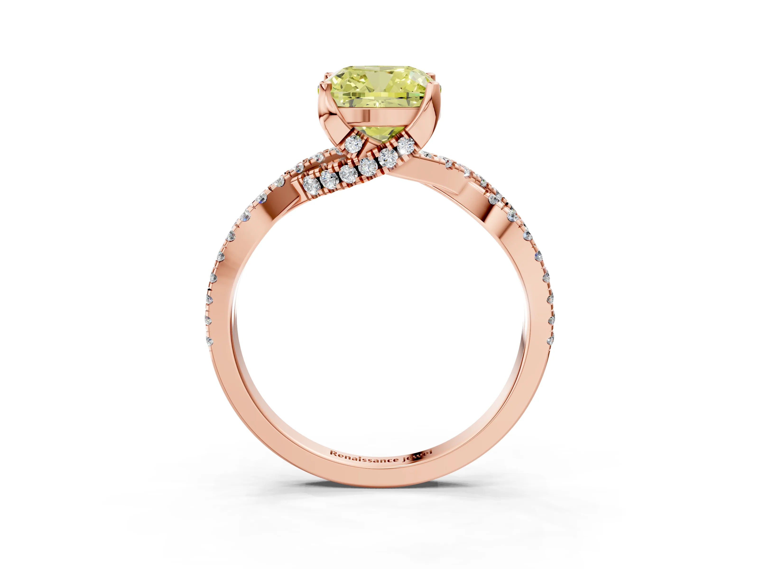 Rose gold Fancy Yellow Cushion Cut Solitaire Twist Pave Diamond Engagement Ring with Prong Setting_27