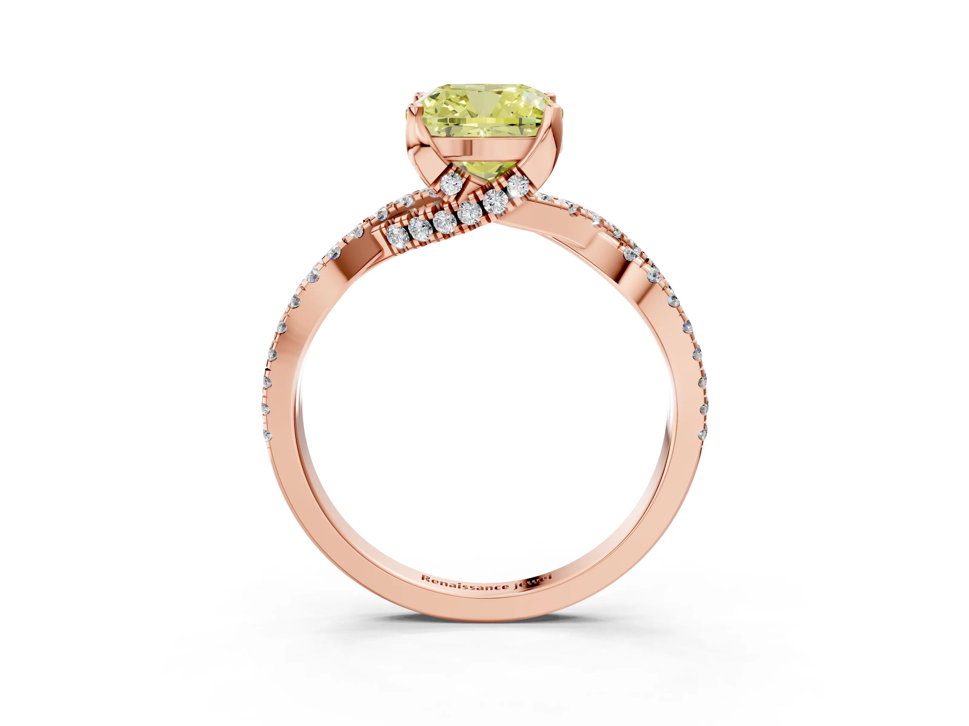 Rose gold Fancy Yellow Cushion Cut Solitaire Twist Pave Diamond Engagement Ring with Prong Setting_3