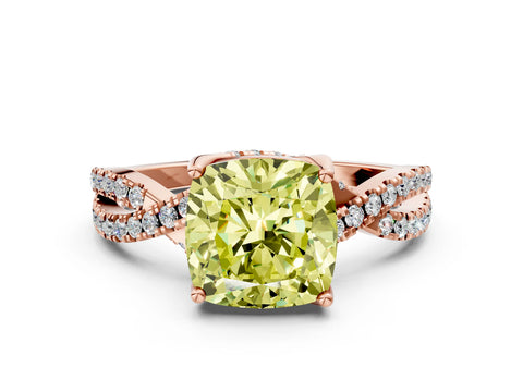 Rose gold Fancy Yellow Cushion Cut Solitaire Twist Pave Diamond Engagement Ring with Prong Setting