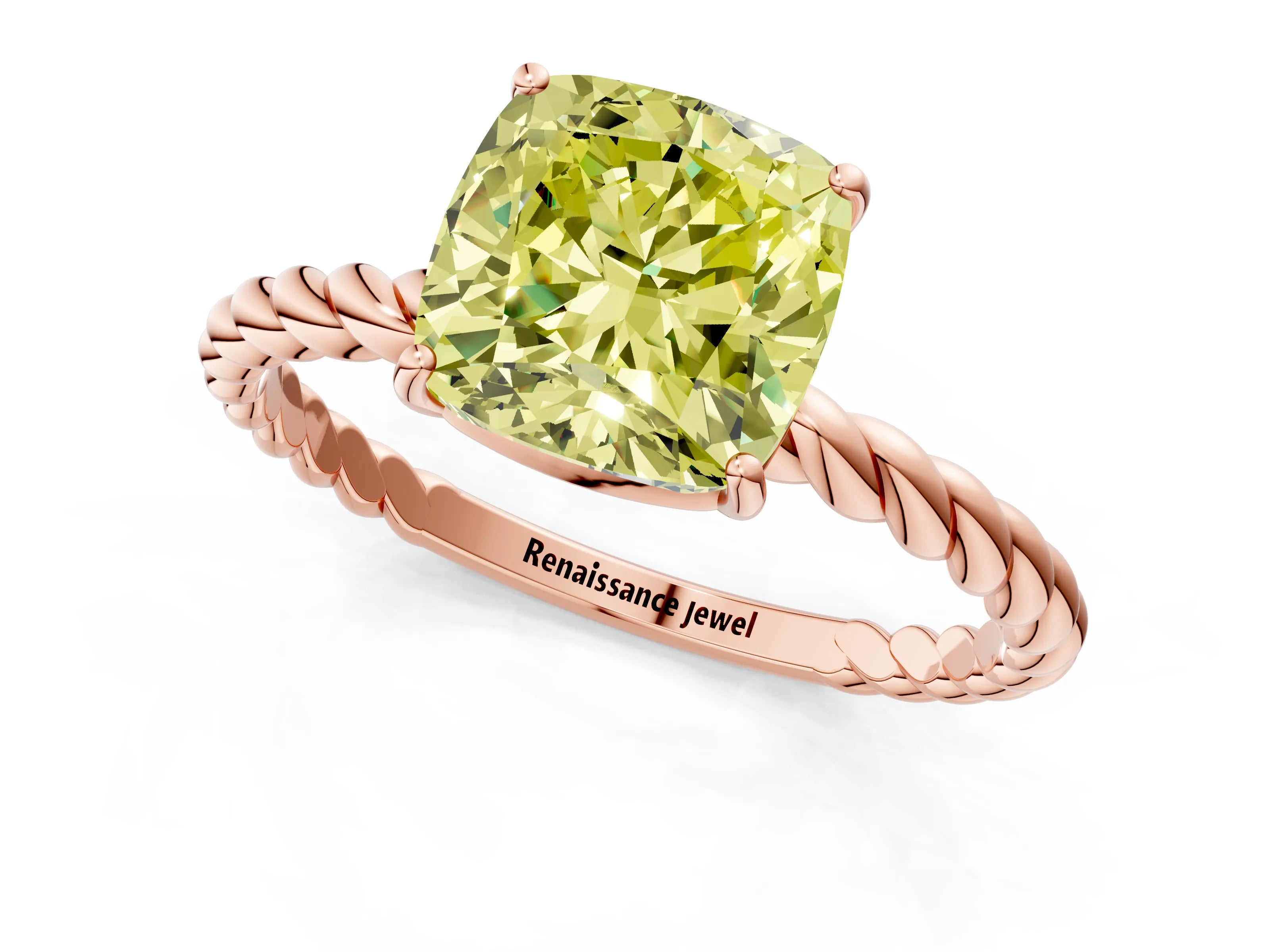 Rose gold Fancy Yellow Cushion Cut Solitaire Twisted Band 4-Prong Ring_1