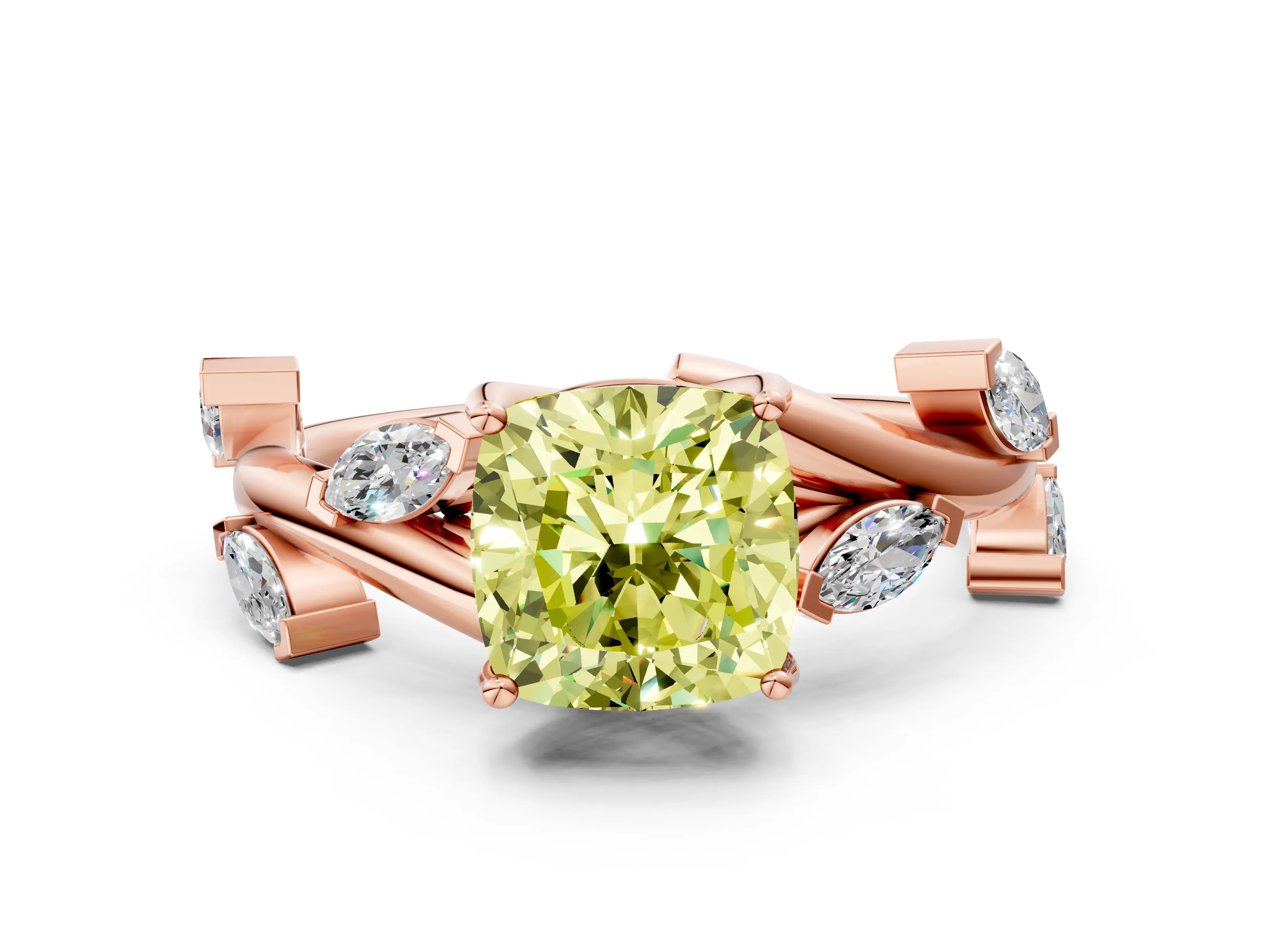 Rose gold Fancy Yellow Cushion Cut Solitaire Twisted Band Marquise Accent Prong Setting Ring
