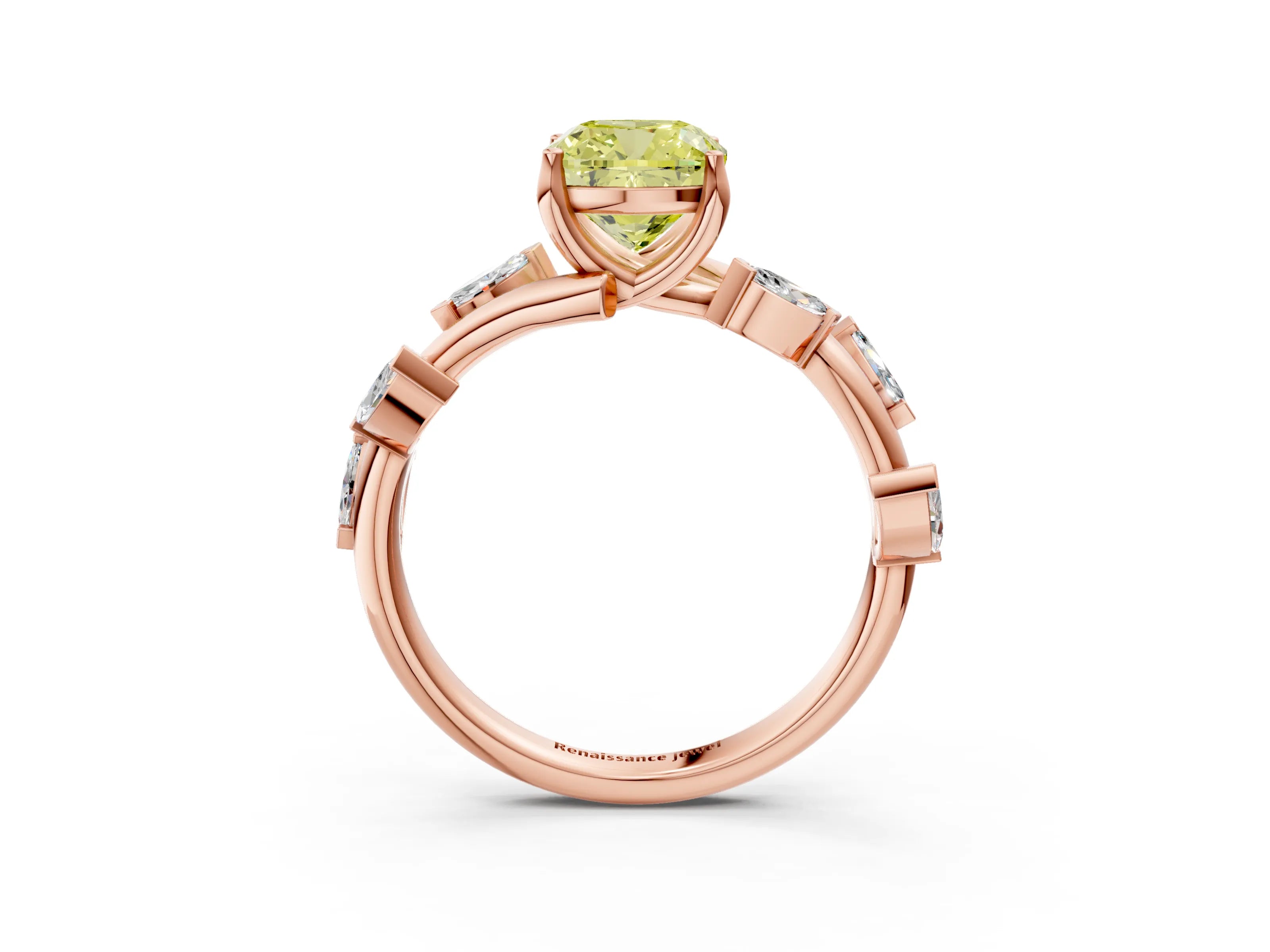 Rose gold Fancy Yellow Cushion Cut Solitaire Twisted Band Marquise Accent Prong Setting Ring_3