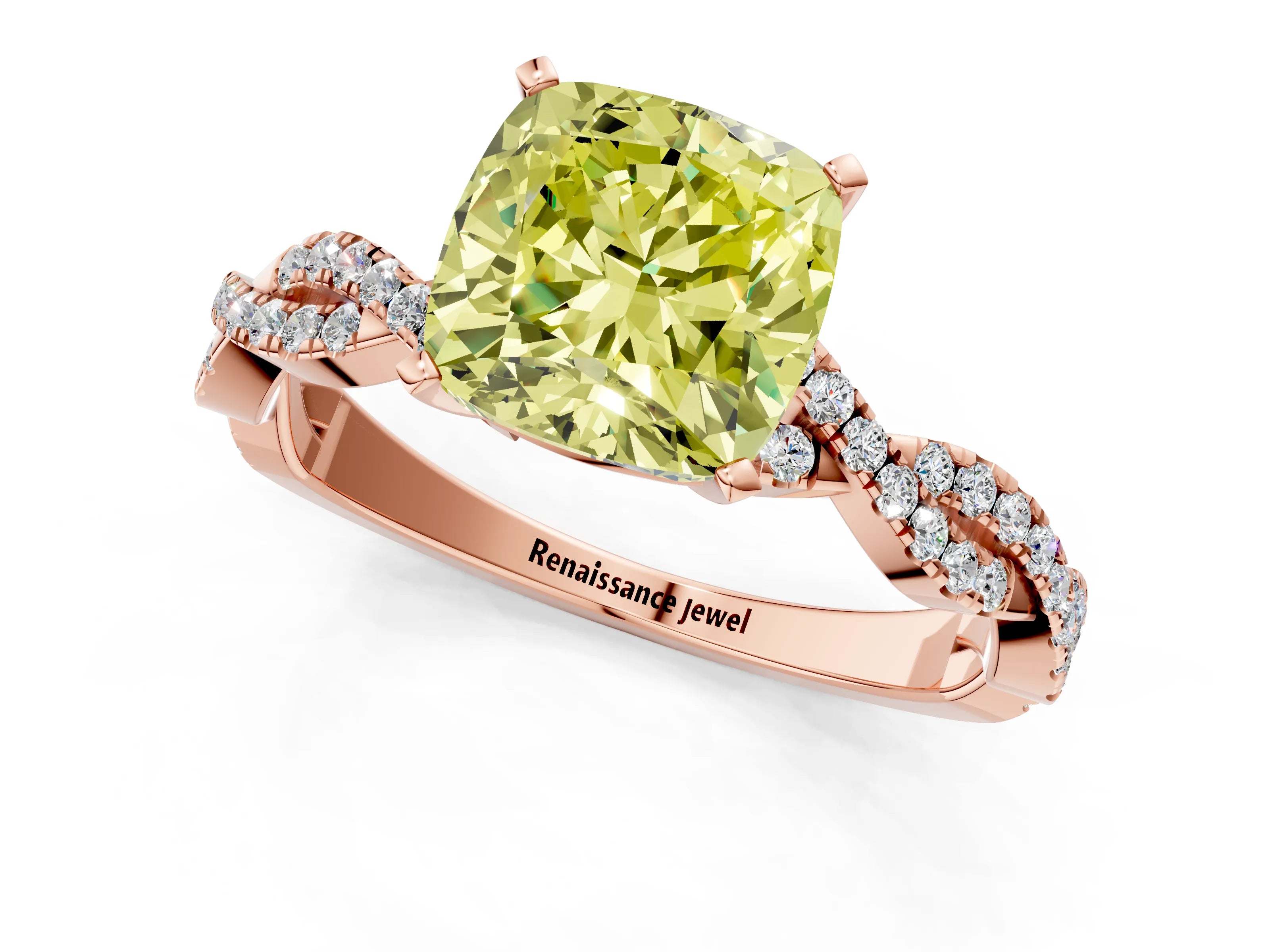 Rose gold Fancy Yellow Cushion Cut Solitaire Twisted Pave Band with Four-Prong Setting_4