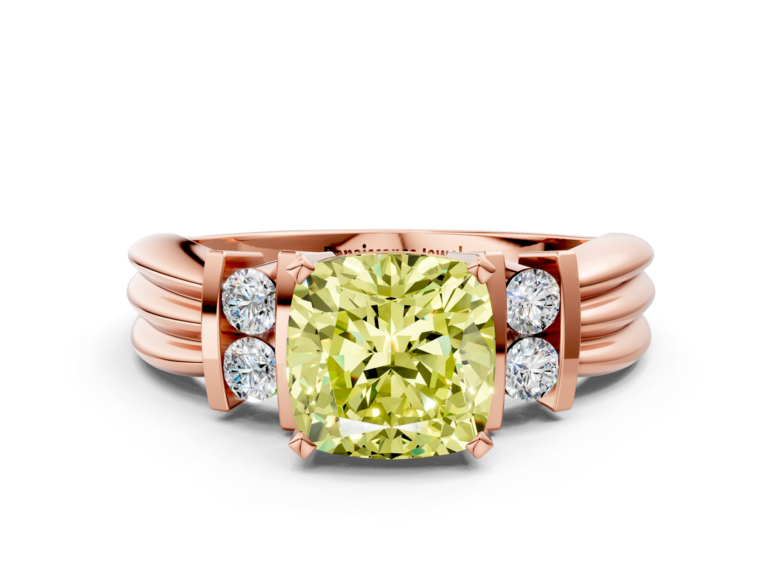 Rose gold Fancy Yellow Cushion  Cut Three-Stone Channel Set Ring with Bar Prongs_45