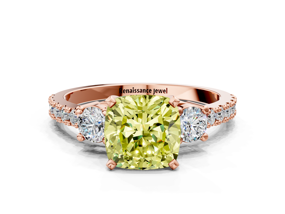 Rose gold Fancy Yellow Cushion  Cut Three-Stone Diamond Pavé Band with Prong Setting_17