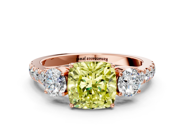 Rose gold Fancy Yellow Cushion  Cut Diamond Three-Stone Ring with Round Side Stones and Pavé Band