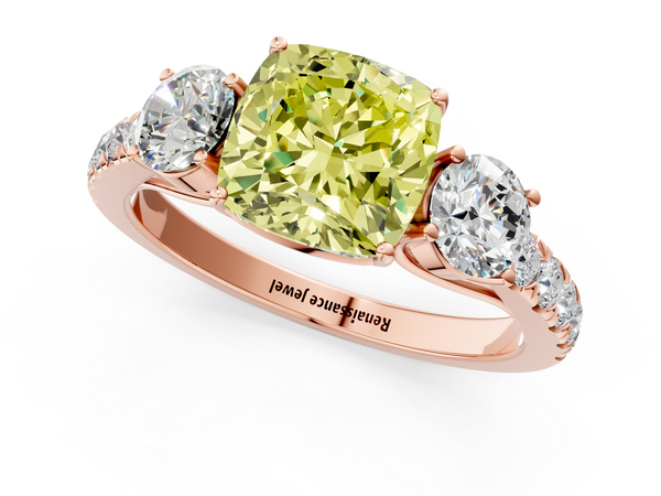Rose gold Fancy Yellow Cushion  Cut Diamond Three-Stone Ring with Round Side Stones and Pavé Band