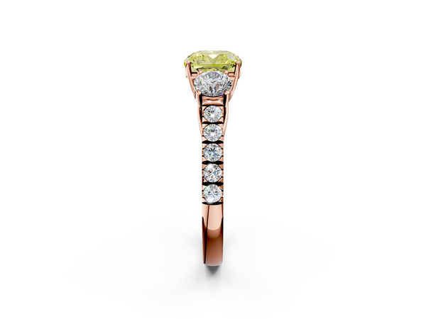 Rose gold Fancy Yellow Cushion  Cut Diamond Three-Stone Ring with Round Side Stones and Pavé Band