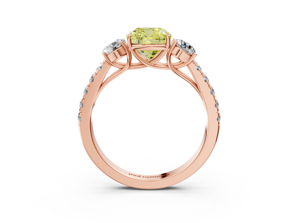 Rose gold Fancy Yellow Cushion  Cut Diamond Three-Stone Ring with Round Side Stones and Pavé Band