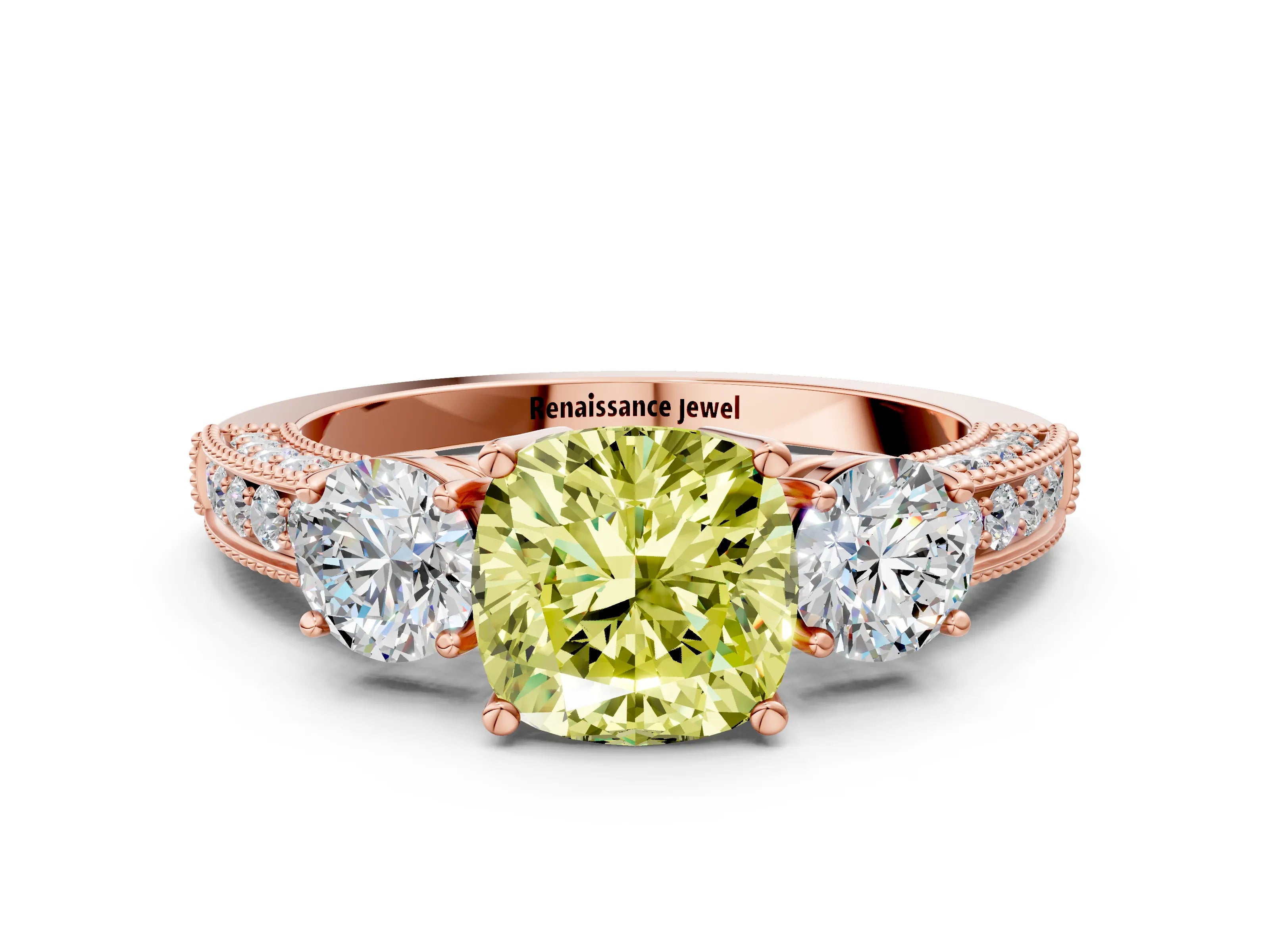 Rose gold Fancy Yellow Cushion Cut Three-Stone Diamond Ring with Pavé Band and Four-Prong Setting