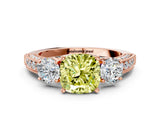 Rose gold Fancy Yellow Cushion Cut Three-Stone Diamond Ring with Pavé Band and Four-Prong Setting